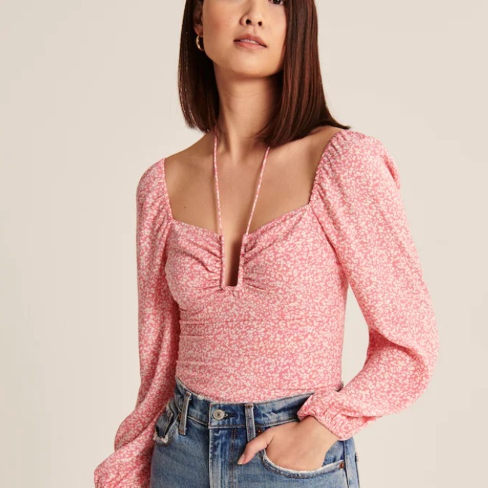 Abercrombie Pink Long Sleeve Faux Silk Cinched Top